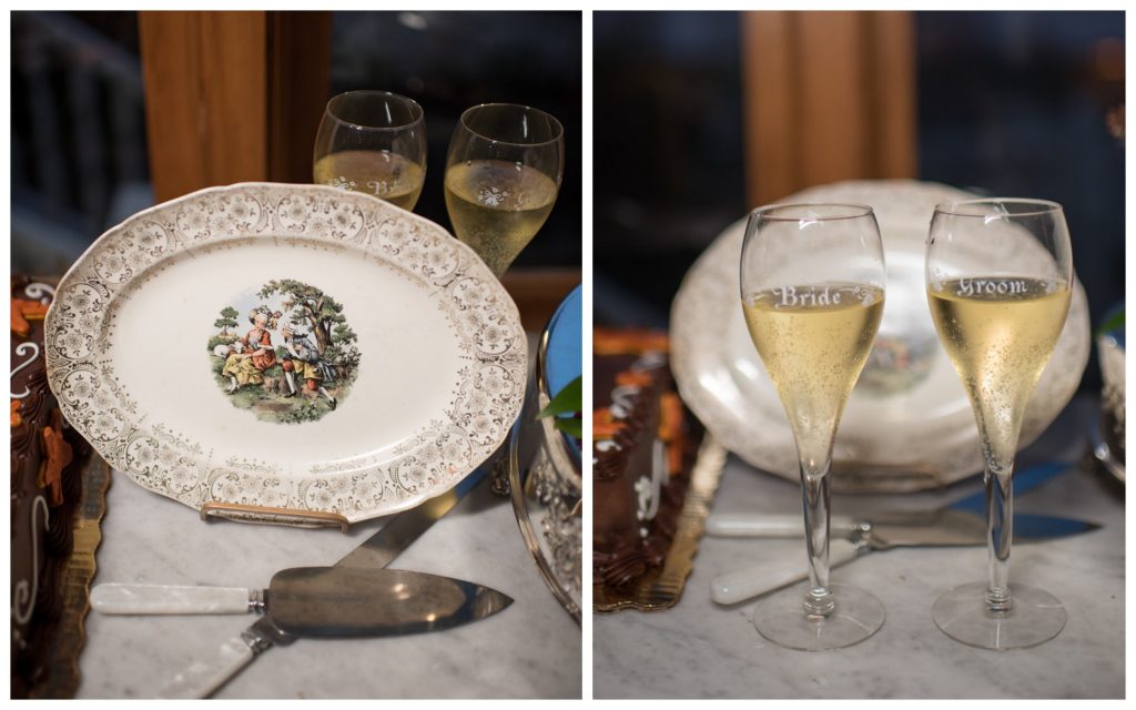 Cutting the Cake Platter Champagne Glasses | The Courtyard at Lake Lucerne Classic Purple & Orange Wedding Football Texas Longhorns Sports Lake Lucerne Courtyard Anna Christine Events Orlando Kathy Thomas Photography