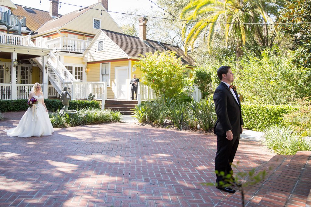 First Look Photo Shoot Bride & Groom | Classic Purple & Orange Wedding Football Texas Longhorns Sports Lake Lucerne Courtyard Anna Christine Events Orlando Kathy Thomas Photography