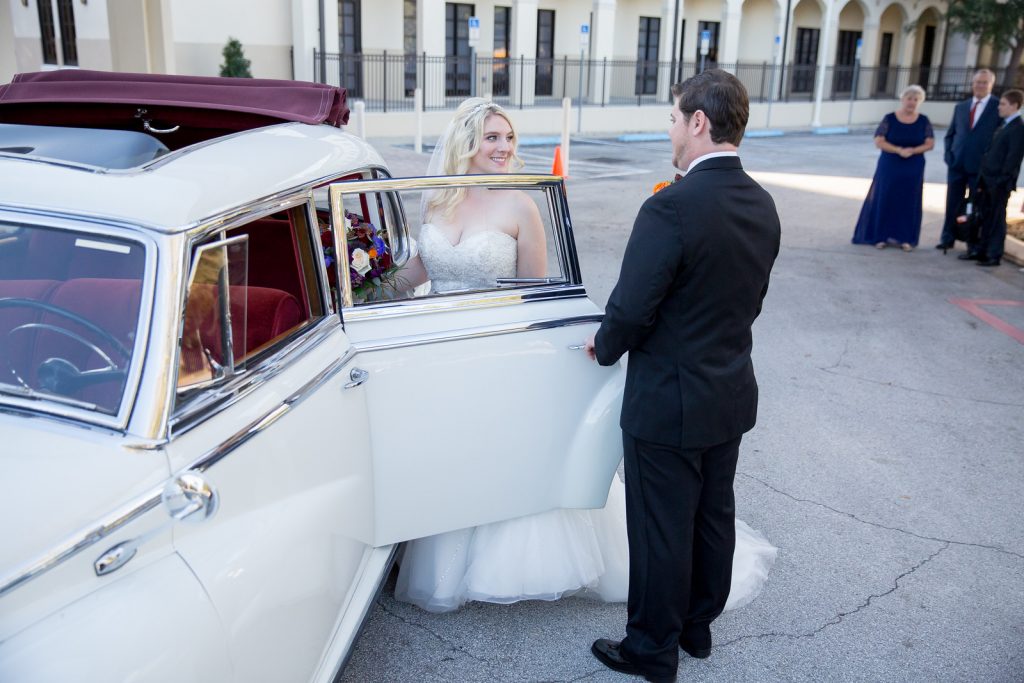 Bride & Groom Classic Car Dave | Classic Purple & Orange Wedding Football Texas Longhorns Sports Lake Lucerne Courtyard Anna Christine Events Orlando Kathy Thomas Photography
