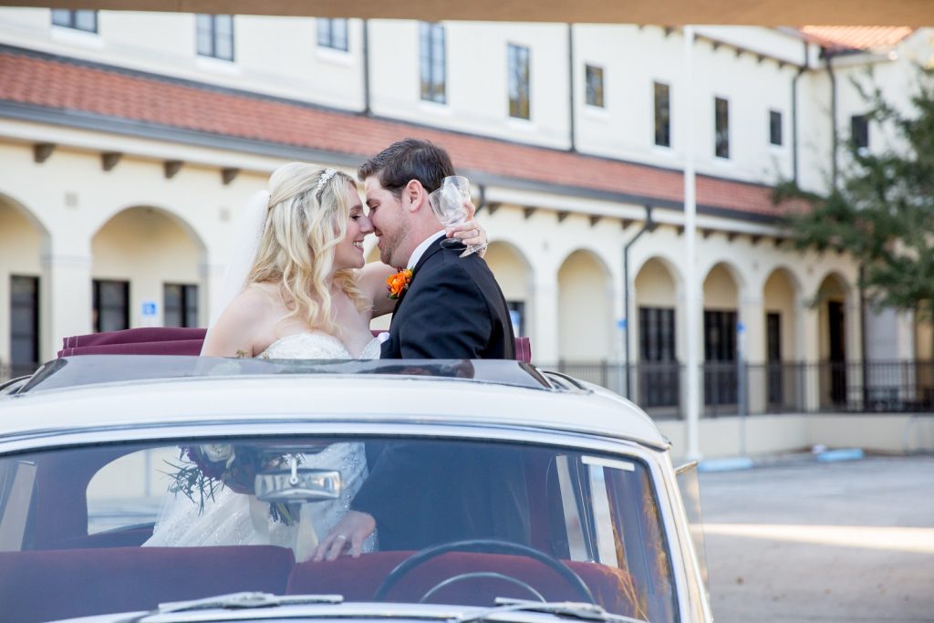 Bride & Groom Classic Car Dave | Classic Purple & Orange Wedding Football Texas Longhorns Sports Lake Lucerne Courtyard Anna Christine Events Orlando Kathy Thomas Photography