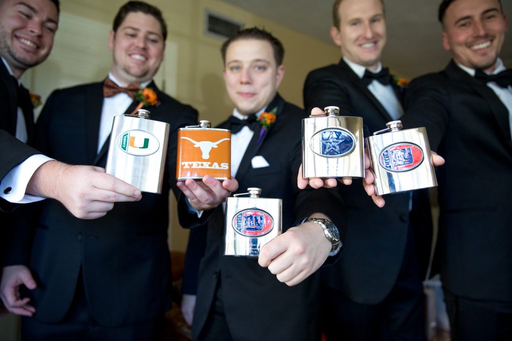 Groom Groomsmen Flasks Sports Teams | Classic Purple & Orange Wedding Football Texas Longhorns Sports Lake Lucerne Courtyard Anna Christine Events Orlando Kathy Thomas Photography