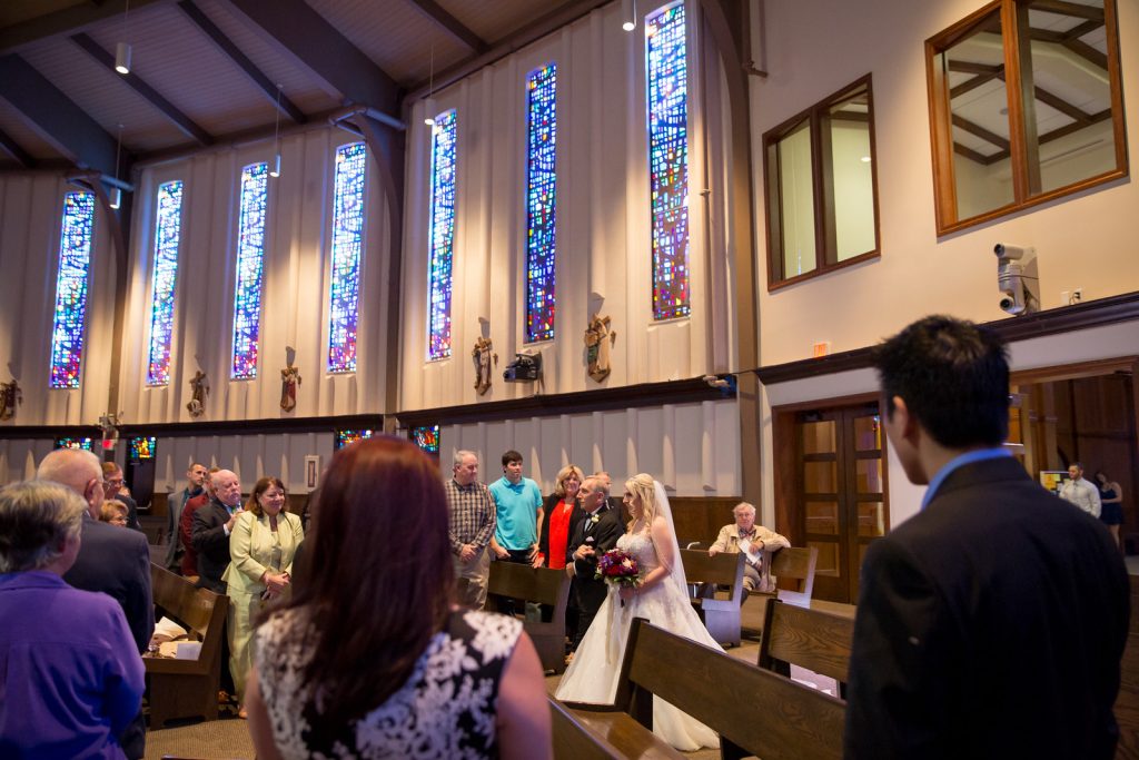 Bride & Father Ceremony St. Margaret Mary Catholic Church | Classic Purple & Orange Wedding Football Texas Longhorns Sports Lake Lucerne Courtyard Anna Christine Events Orlando Kathy Thomas Photography