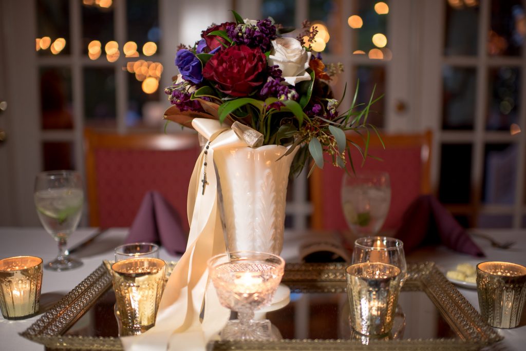 Flowers by Lesley Vase | Courtyard at Lake Lucerne Reception | Classic Purple & Orange Wedding Football Texas Longhorns Sports Lake Lucerne Courtyard Anna Christine Events Orlando Kathy Thomas Photography