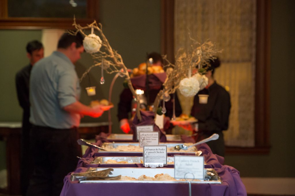 John Michaels Catering Buffet | The Courtyard at Lake Lucerne Classic Purple & Orange Wedding Football Texas Longhorns Sports Lake Lucerne Courtyard Anna Christine Events Orlando Kathy Thomas Photography