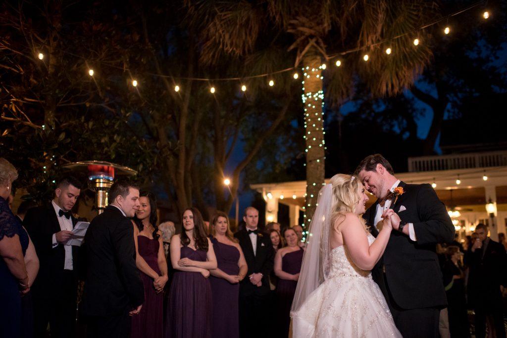 Bride & Groom First Dance | The Courtyard at Lake Lucerne Classic Purple & Orange Wedding Football Texas Longhorns Sports Lake Lucerne Courtyard Anna Christine Events Orlando Kathy Thomas Photography