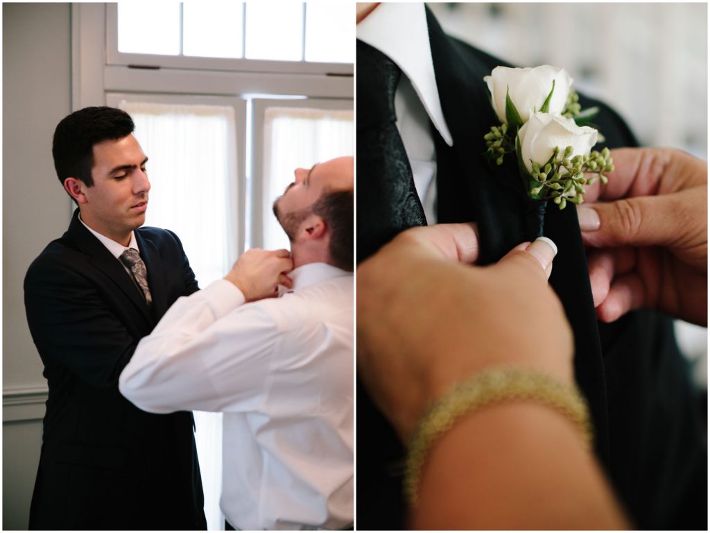 Guys Getting Ready Boutonniere | Romantic Red & White Capen House Wedding Geometric Gold Anna Christine Events J Lebron Photography