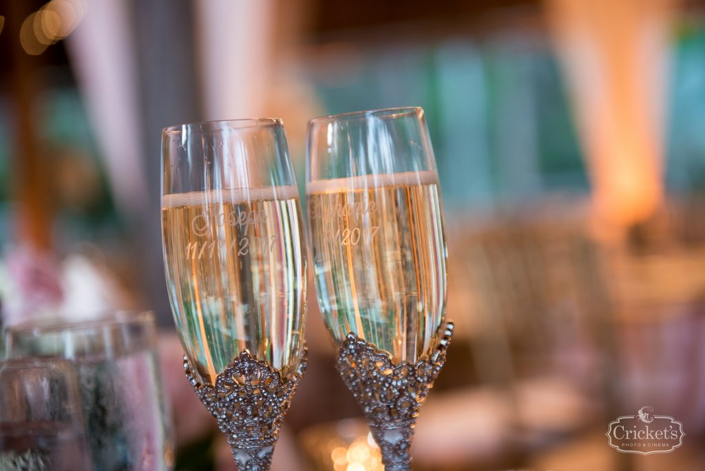 Personalized Champagne Glasses Bride & Groom | Classic Pink & White Beach Wedding Paradise Cove Lakeside Orlando Anna Christine Events Cricket’s Photography