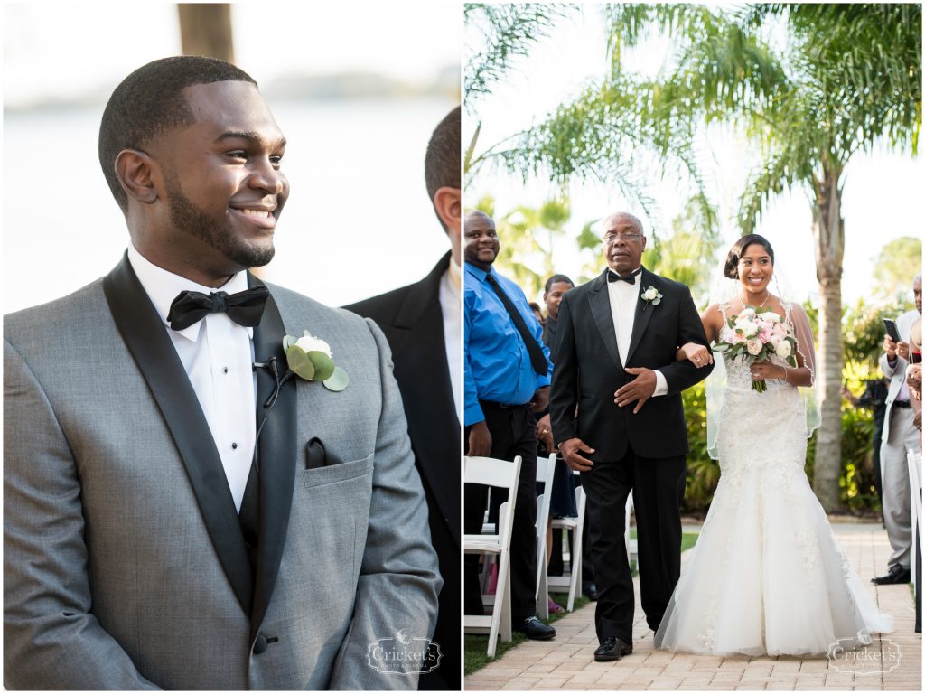 Groom Waiting for Bride Aisle | Classic Pink & White Beach Wedding Paradise Cove Lakeside Orlando Anna Christine Events Cricket’s Photography