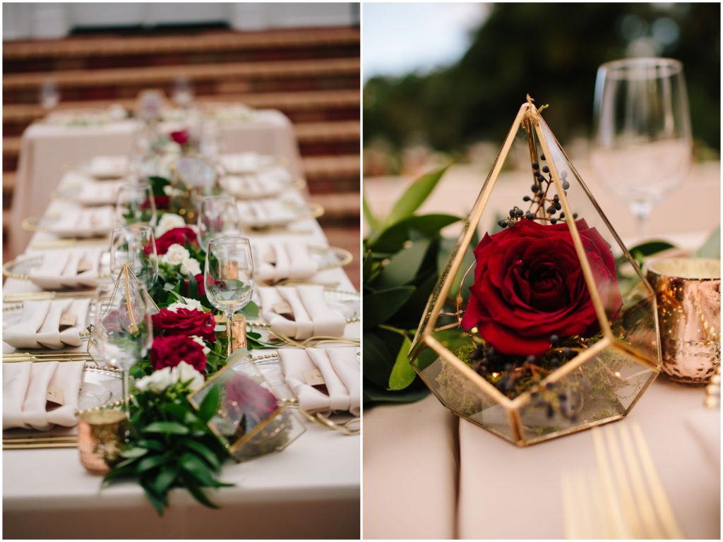 Geometric Flowers Centerpieces Flowers by Lesley | Romantic Red & White Capen House Wedding Geometric Gold Anna Christine Events J Lebron Photography