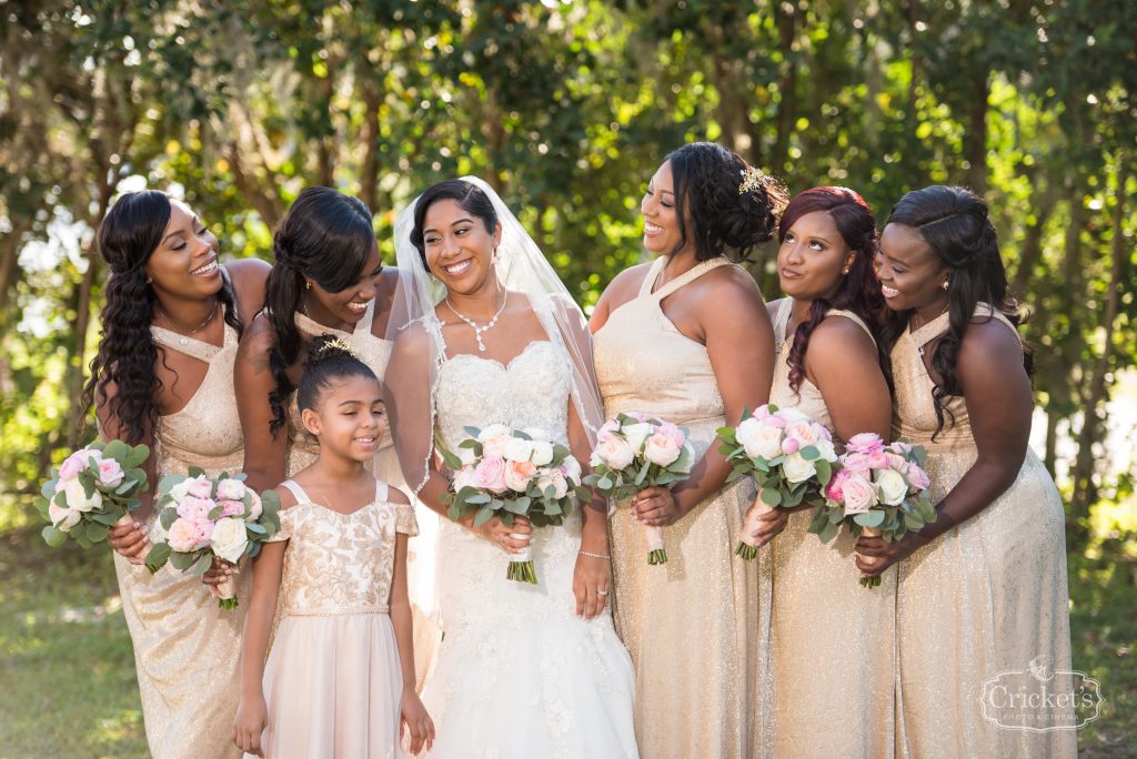 Bride & Bridesmaids with Bouquets Getting Ready Before | Classic Pink & White Beach Wedding Paradise Cove Lakeside Orlando Anna Christine Events Cricket’s Photography