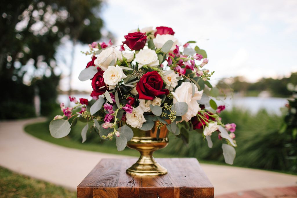 Ceremony Floral Arrangement Flowers by Lesley | Romantic Red & White Capen House Wedding Geometric Gold Anna Christine Events J Lebron Photography