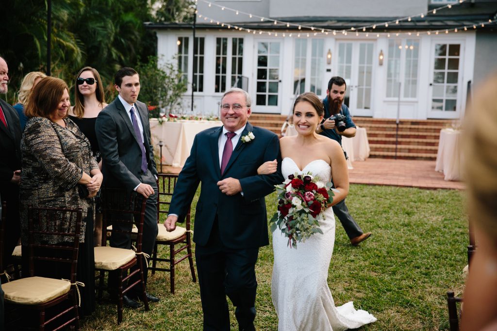 Bride Walking Down Aisle with Father | Romantic Red & White Capen House Wedding Geometric Gold Anna Christine Events J Lebron Photography