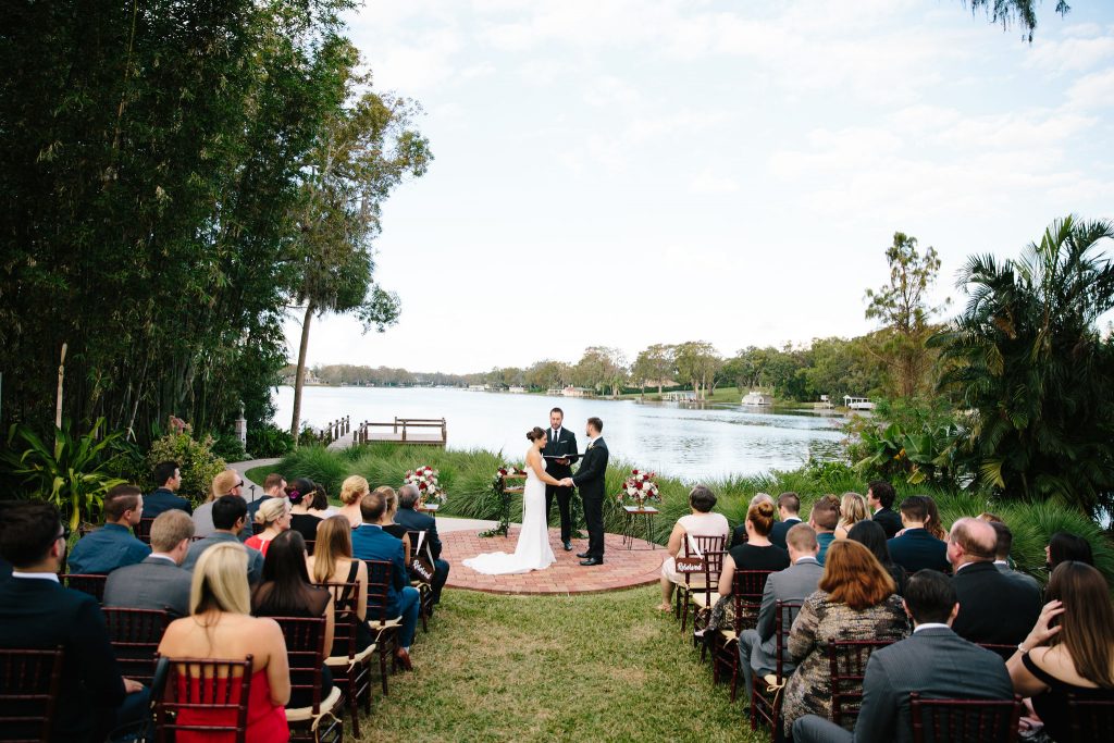 Bride & Groom at Altar Ceremony | Romantic Red & White Capen House Wedding Geometric Gold Anna Christine Events J Lebron Photography
