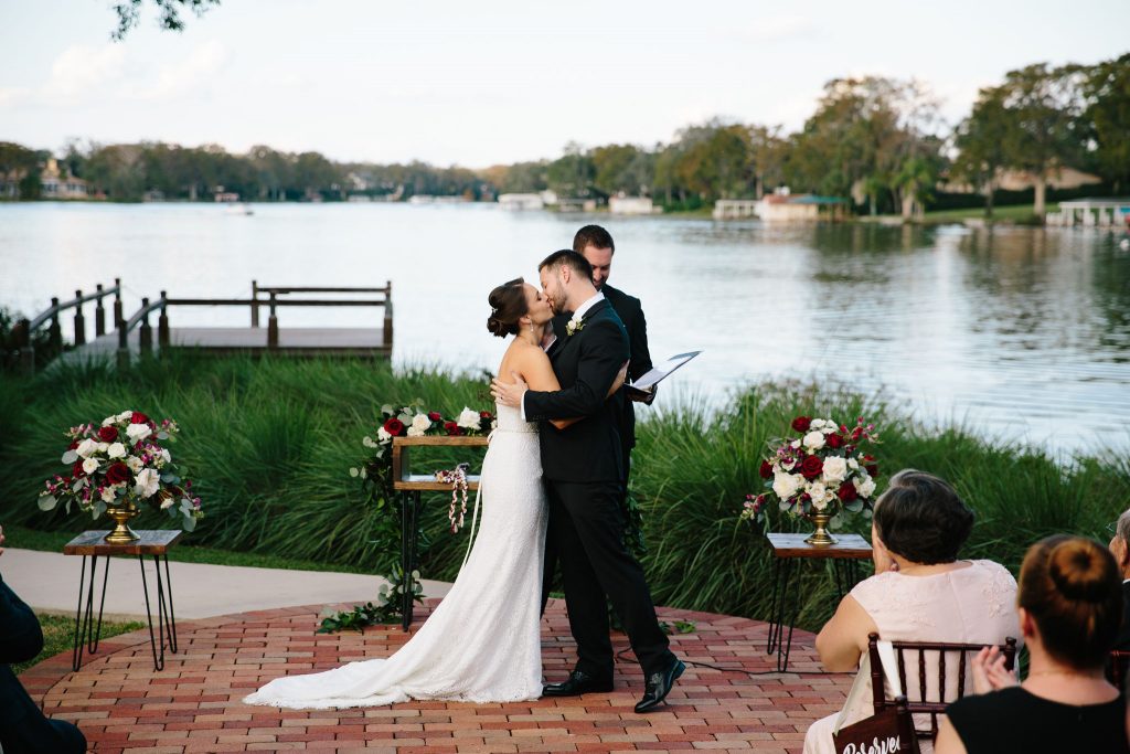 Bride & Groom First Kiss Ceremony | Romantic Red & White Capen House Wedding Geometric Gold Anna Christine Events J Lebron Photography