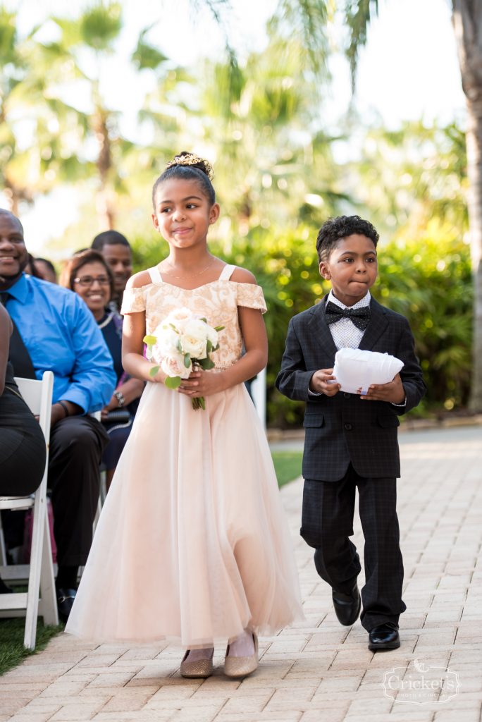Ring Bearer & Flower Girl Walking Down Aisle Ceremony | Classic Pink & White Beach Wedding Paradise Cove Lakeside Orlando Anna Christine Events Cricket’s Photography