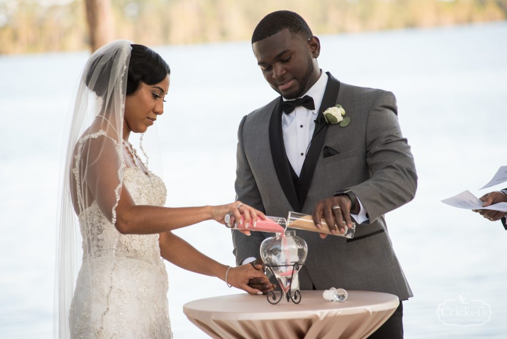 Bride & Groom Pouring Sand Ceremony | Classic Pink & White Beach Wedding Paradise Cove Lakeside Orlando Anna Christine Events Cricket’s Photography