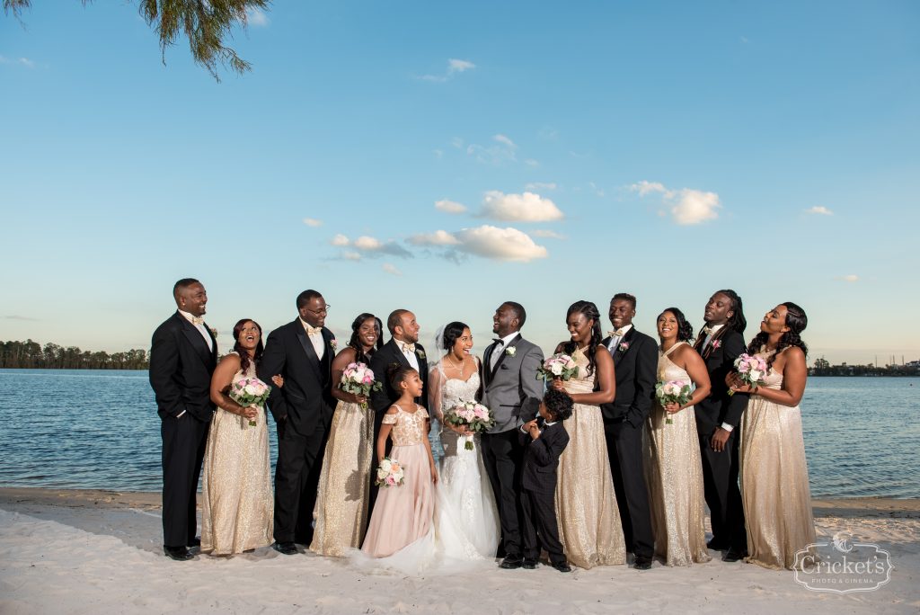 Bride & Groom with Wedding Party | Classic Pink & White Beach Wedding Paradise Cove Lakeside Orlando Anna Christine Events Cricket’s Photography