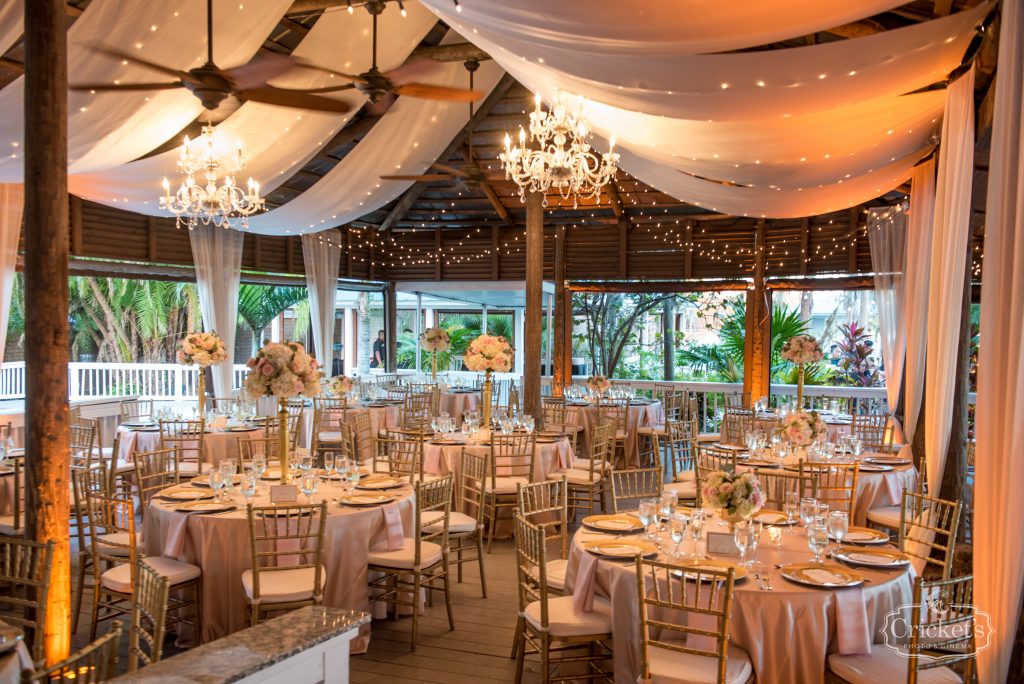 Drapery over Reception Dining Room | Classic Pink & White Beach Wedding Paradise Cove Lakeside Orlando Anna Christine Events Cricket’s Photography