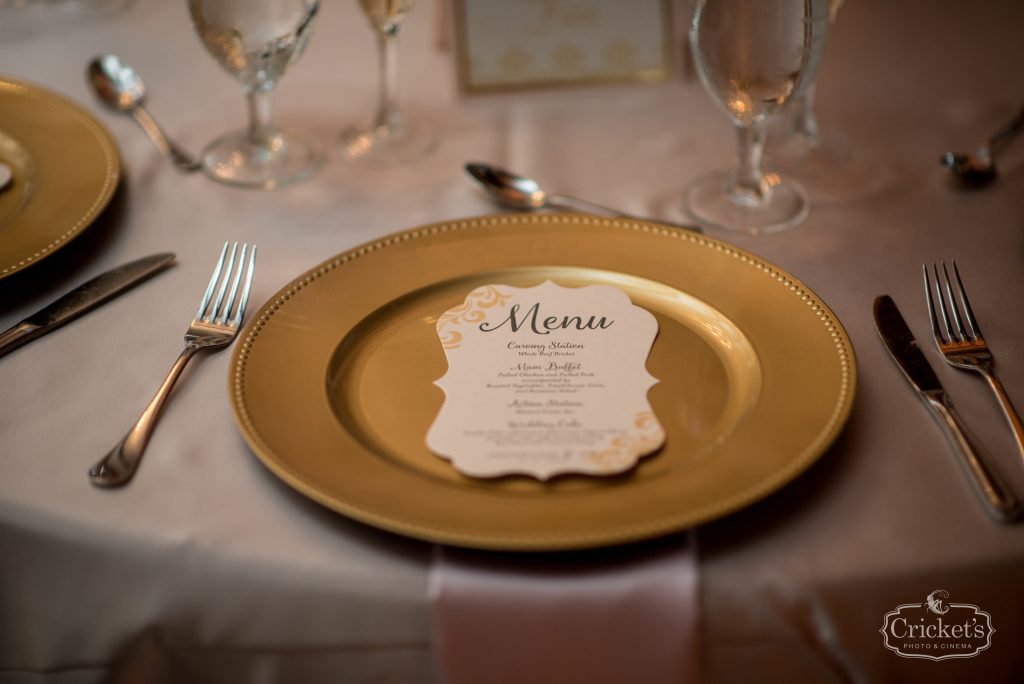 Menu on Plate Reception | Classic Pink & White Beach Wedding Paradise Cove Lakeside Orlando Anna Christine Events Cricket’s Photography