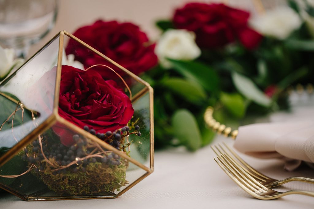 Geometric Flower Centerpiece Rose | Romantic Red & White Capen House Wedding Geometric Gold Anna Christine Events J Lebron Photography