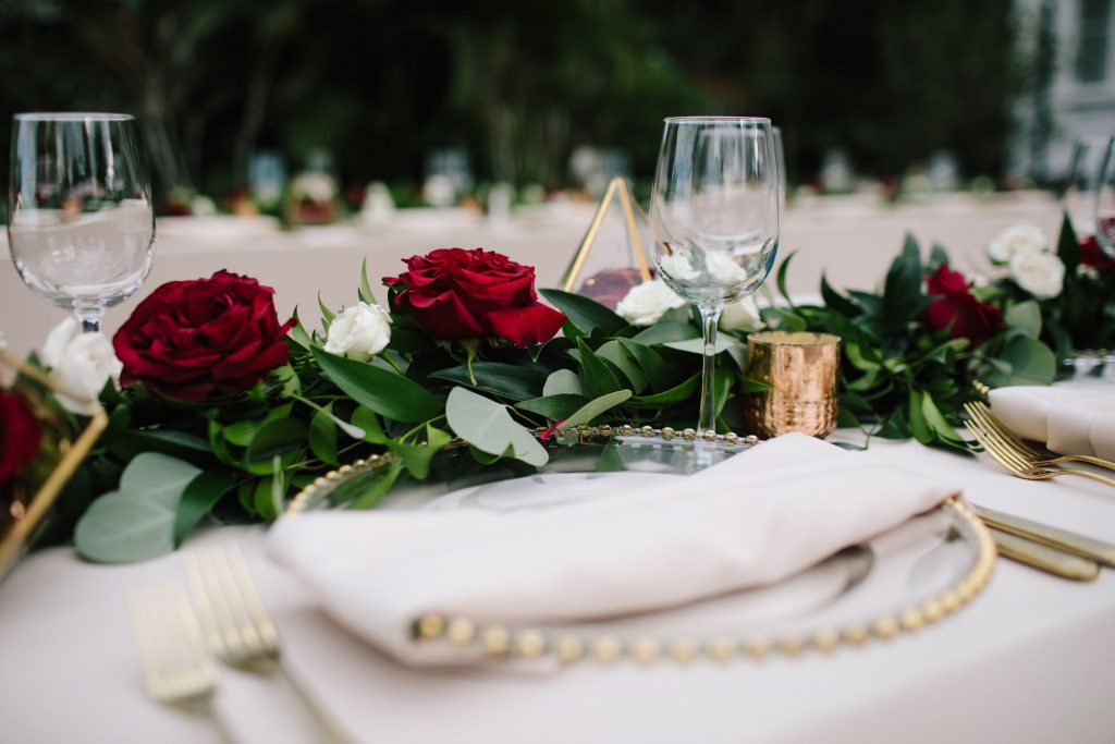Floral Centerpiece Roses | Romantic Red & White Capen House Wedding Geometric Gold Anna Christine Events J Lebron Photography