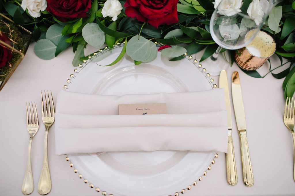 Napkin Folding Table Places | Romantic Red & White Capen House Wedding Geometric Gold Anna Christine Events J Lebron Photography