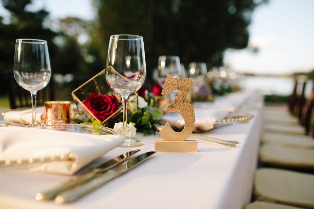 Gold Table Numbers | Romantic Red & White Capen House Wedding Geometric Gold Anna Christine Events J Lebron Photography
