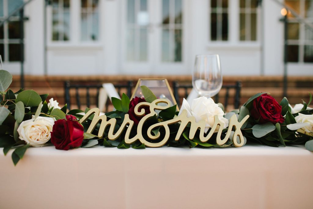 Mr & Mrs Sweetheart Table | Romantic Red & White Capen House Wedding Geometric Gold Anna Christine Events J Lebron Photography