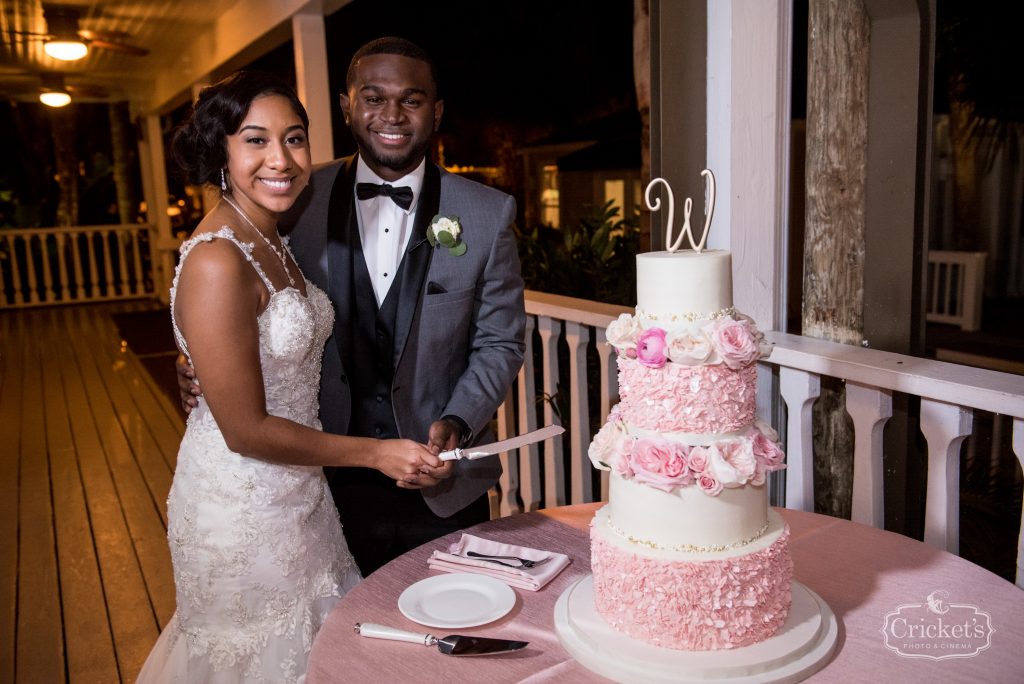 Cutting the Cake Reception Sprinkles Custom Cakes | Classic Pink & White Beach Wedding Paradise Cove Lakeside Orlando Anna Christine Events Cricket’s Photography