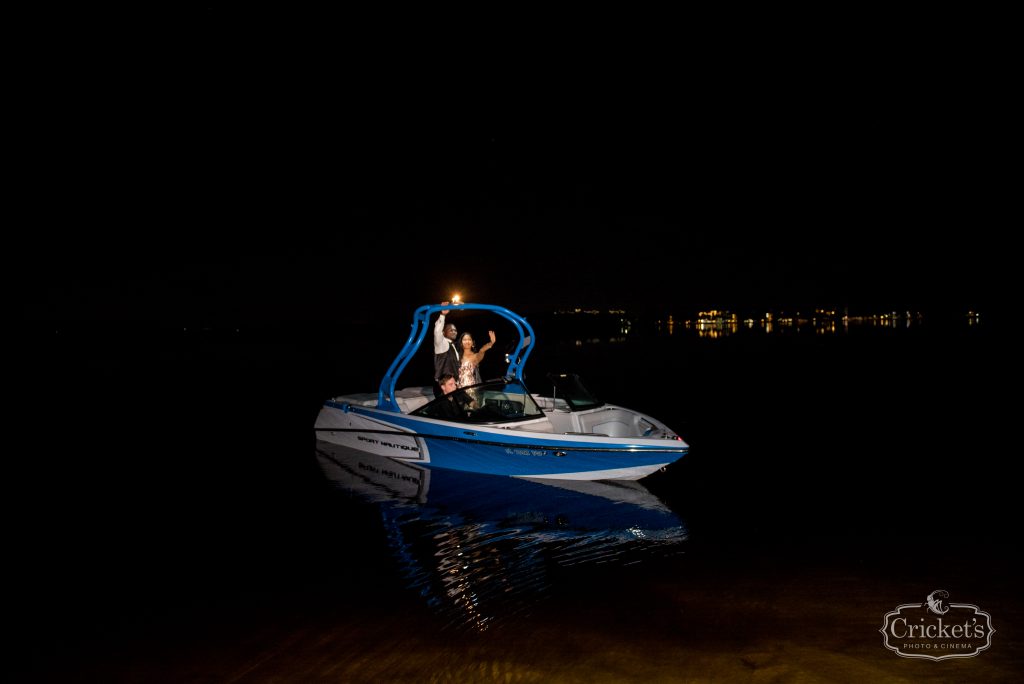 Bride & Groom Grand Exit Boat | Classic Pink & White Beach Wedding Paradise Cove Lakeside Orlando Anna Christine Events Cricket’s Photography